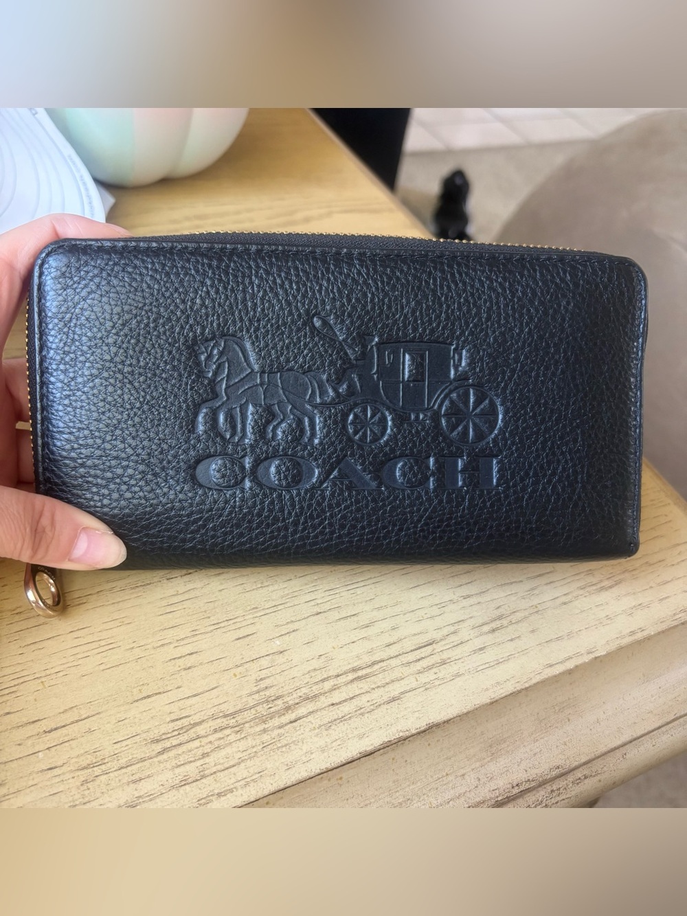 Coach Black Pebbled Leather Zip-Around Wallet with Embossed Carriage